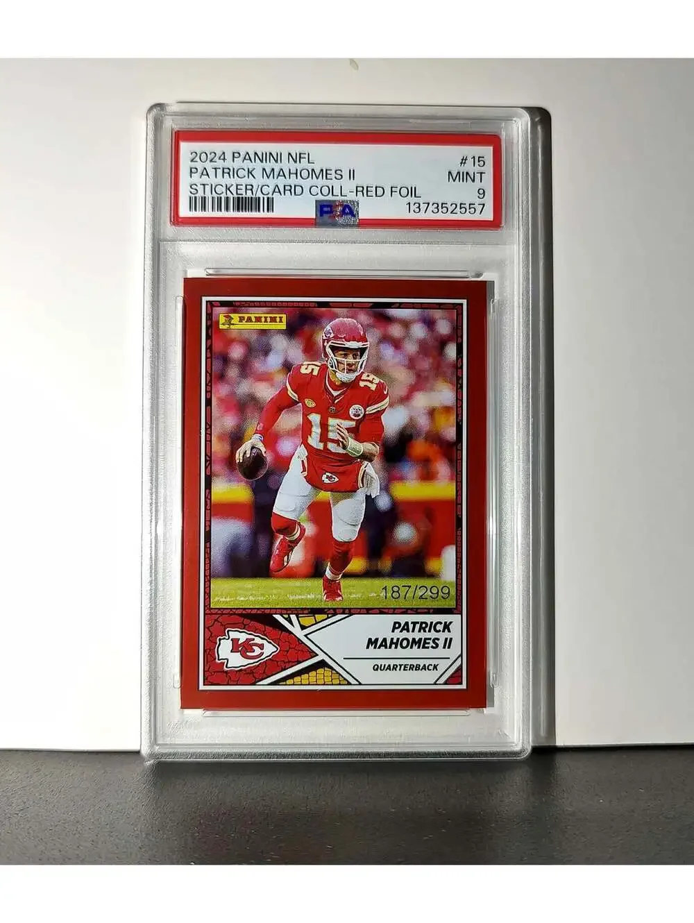 Patrick Mahomes 2024 Panini Sticker Collection 187/299 #15 Red Foil PSA 9 Mint